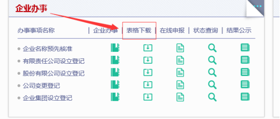 企業(yè)注冊(cè)局名稱登記表格下載界面